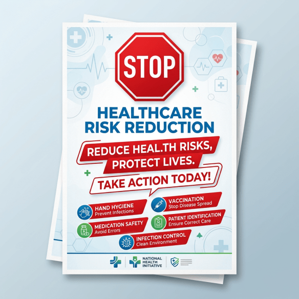 Stop healthcare risk reduction poster with hand hygiene, vaccination, medication safety, patient identification, infection control