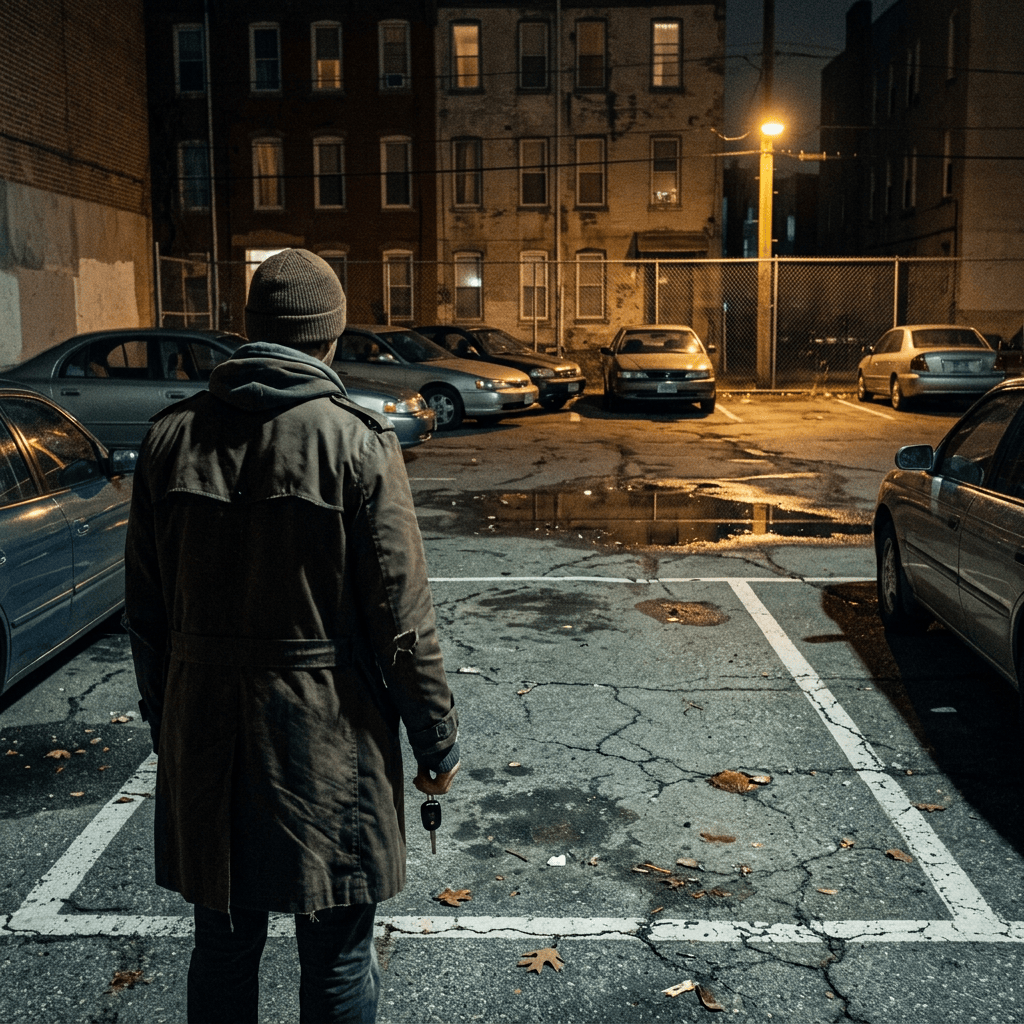 Person in a coat and beanie walking through a nighttime parking lot