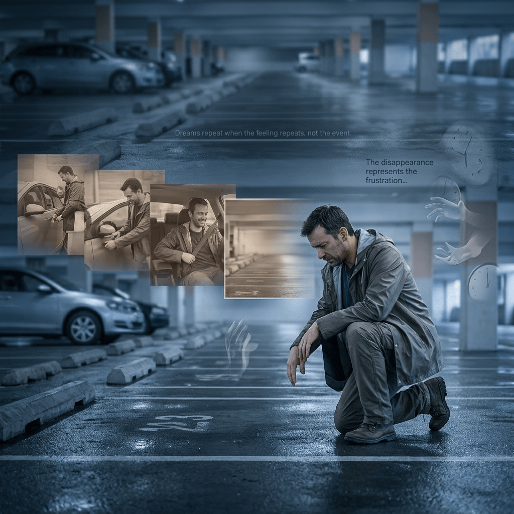 Man kneeling in parking garage with car memories; text reads “Dreams repeat when the feeling repeats, not the event” and “The disappearance represents the frustration...”