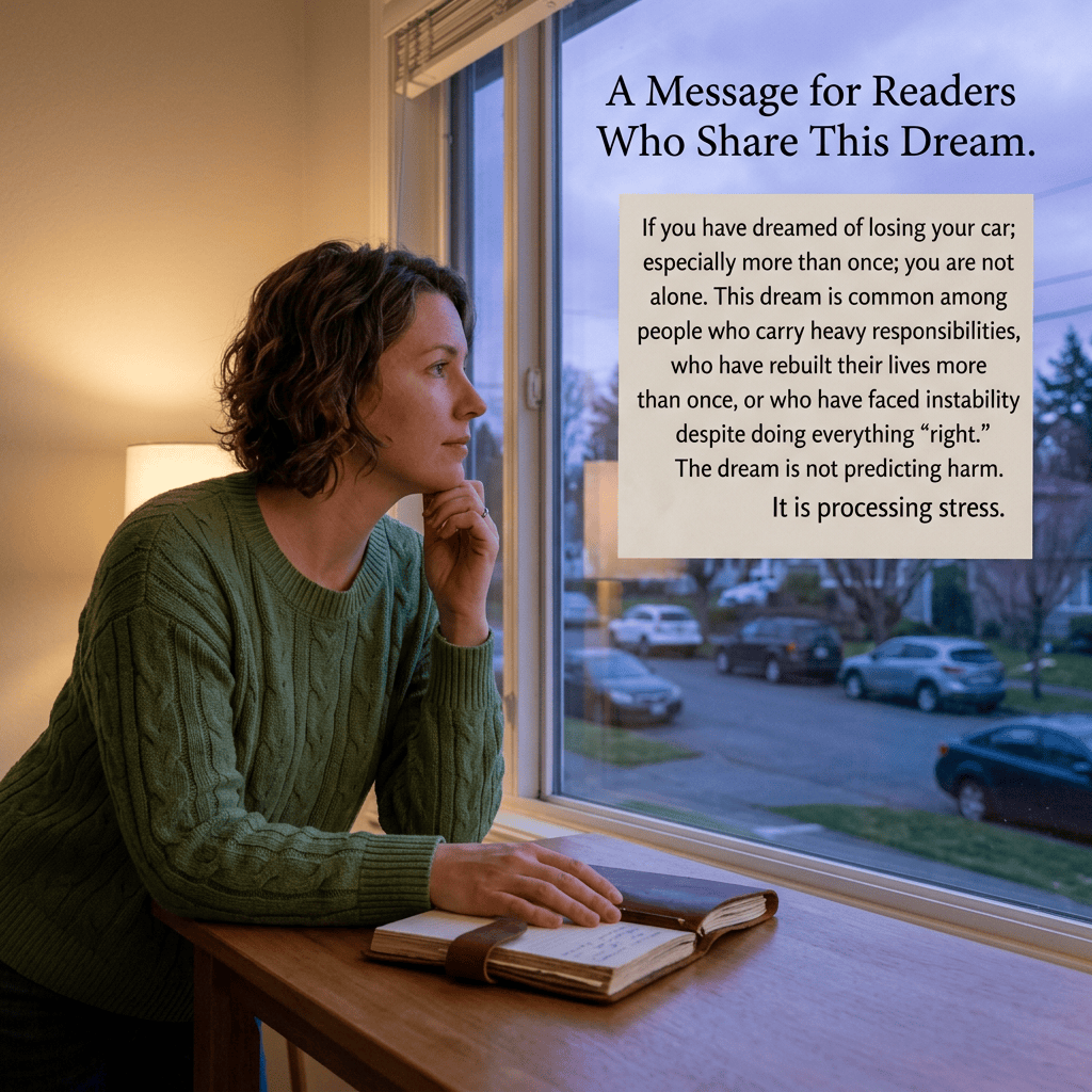 A person sits beside a window with an open journal. Text reads: “A Message for Readers Who Share This Dream. If you have dreamed of losing your car; especially more than once; you are not alone. This dream is common among people who carry heavy responsibilities, who have rebuilt their lives more than once, or who have faced instability despite doing everything “right.” The dream is not predicting harm. It is processing stress.”