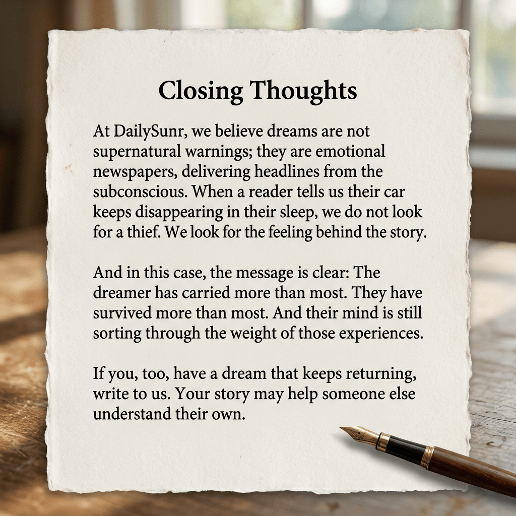 Text headed “Closing Thoughts”: “At DailySunr, we believe dreams are not supernatural warnings; they are emotional newspapers, delivering headlines from the subconscious. When a reader tells us their car keeps disappearing in their sleep, we do not look for a thief. We look for the feeling behind the story. And in this case, the message is clear: The dreamer has carried more than most. They have survived more than most. And their mind is still sorting through the weight of those experiences. If you, too, have a dream that keeps returning, write to us. Your story may help someone else understand their own.”
