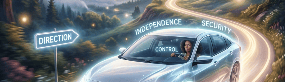 Woman driving a car on a glowing road labeled DIRECTION, INDEPENDENCE, SECURITY, and CONTROL