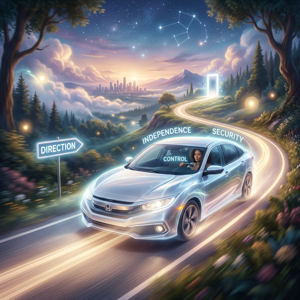 Woman driving a car on a glowing road labeled DIRECTION, INDEPENDENCE, SECURITY, and CONTROL
